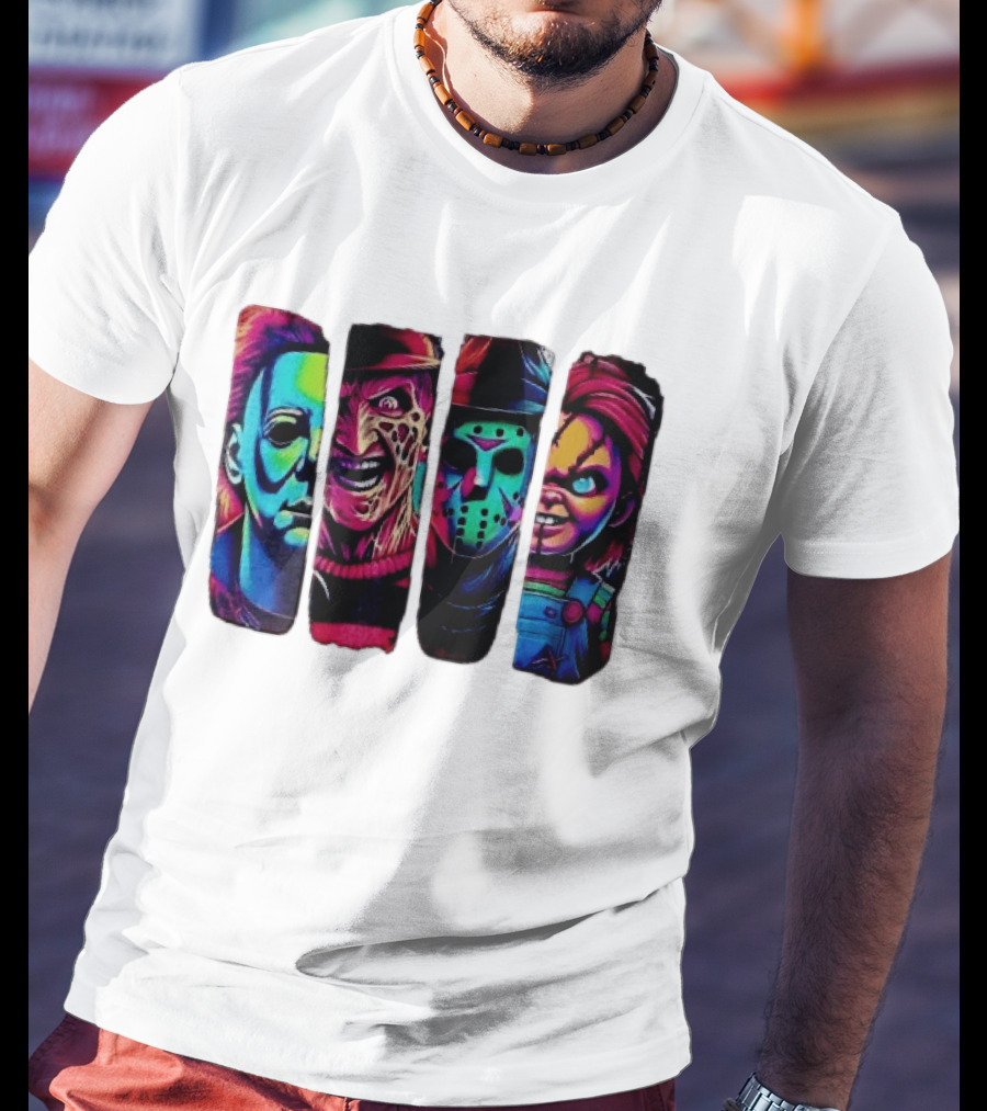 Fluorescent Horror Movie Slasher Faces Vertical Panels T-Shirt
