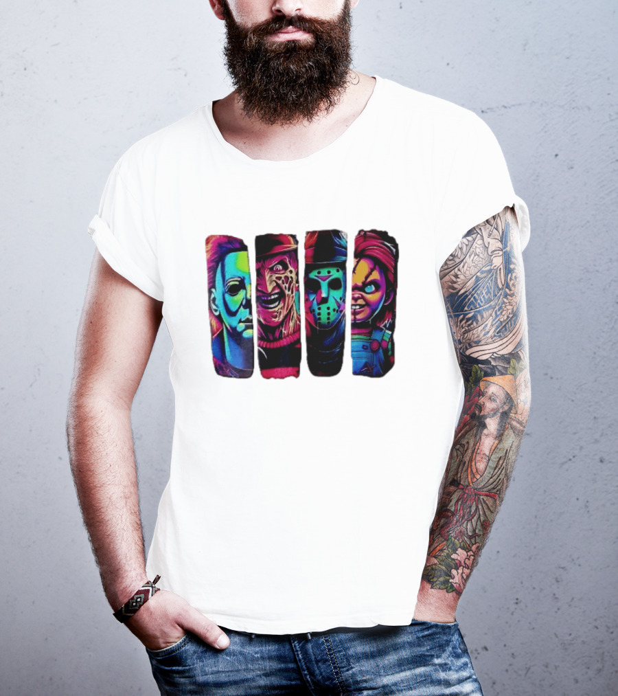 Fluorescent Horror Movie Slasher Faces Vertical Panels T-Shirt