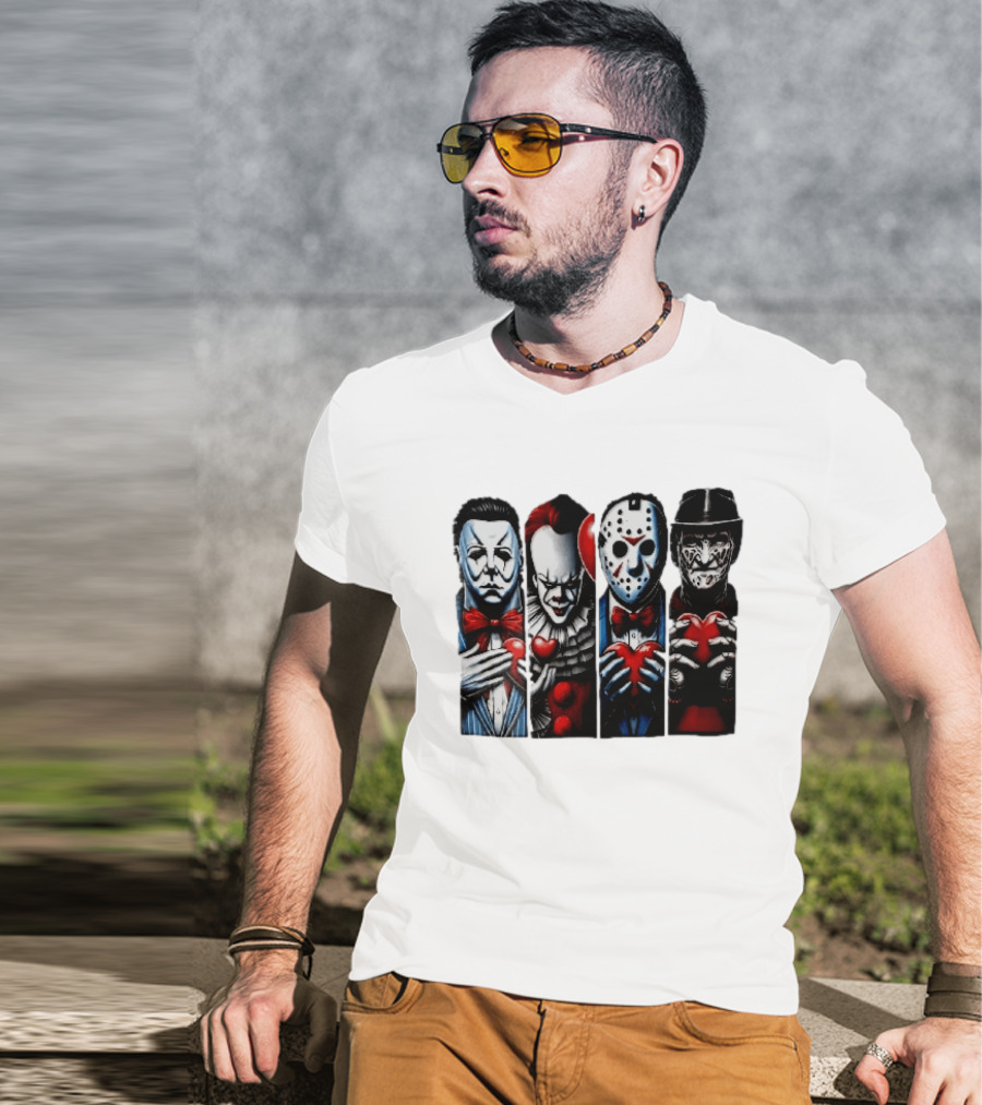 Classic Horror Villains With Red Valentine Hearts T-Shirt