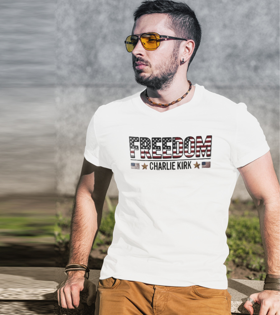 Freedom Charlie Kirk American Flag Bronze Stars T-Shirt