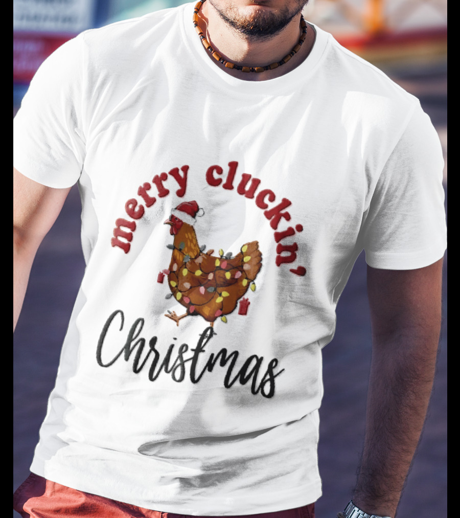 Merry Cluckin Christmas Chicken Santa Hat Colorful String Lights T-Shirt