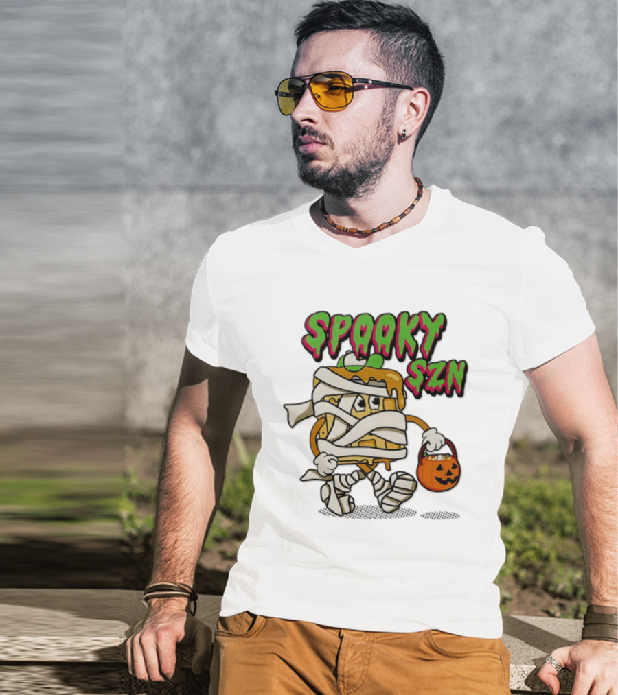 Spooky SZN Halloween 2026 Wrapped Waffle Monster With Pumpkin Bucket T-Shirt