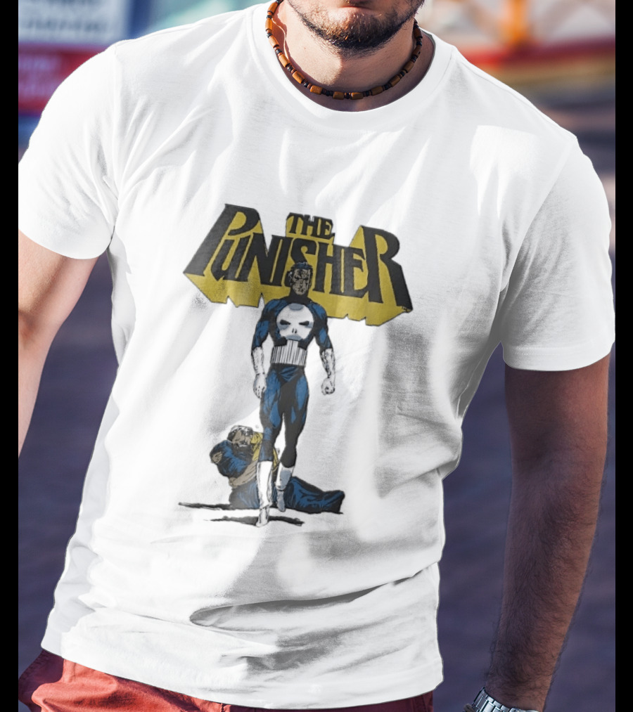 The Punisher Superhero Skull Comic Walking Scene With Defeated Man T-Shirt