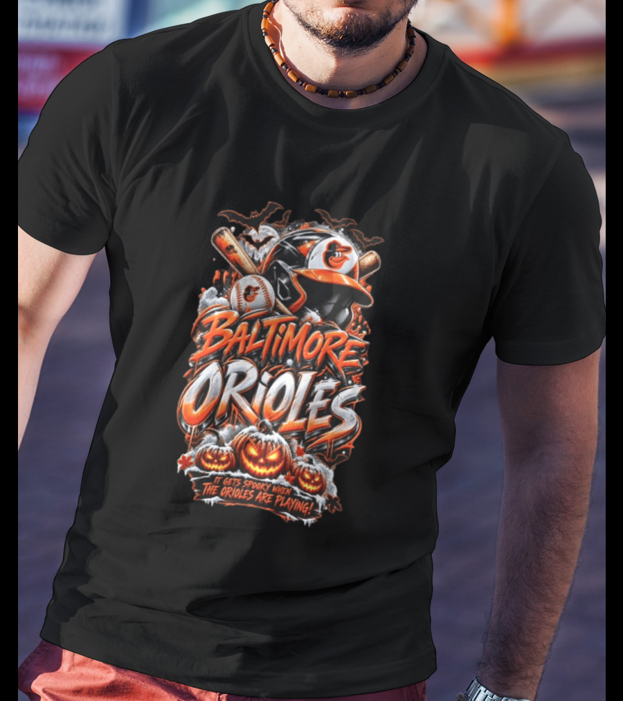 Baltimore Orioles MLB It Gets Spooky When They Are Playing Halloween Pumpkins Baseball T-Shirt