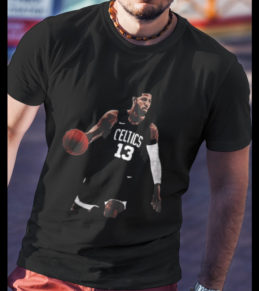 Boston Celtics 13 Bearded Basketball Player Dribbling Dark T-Shirt