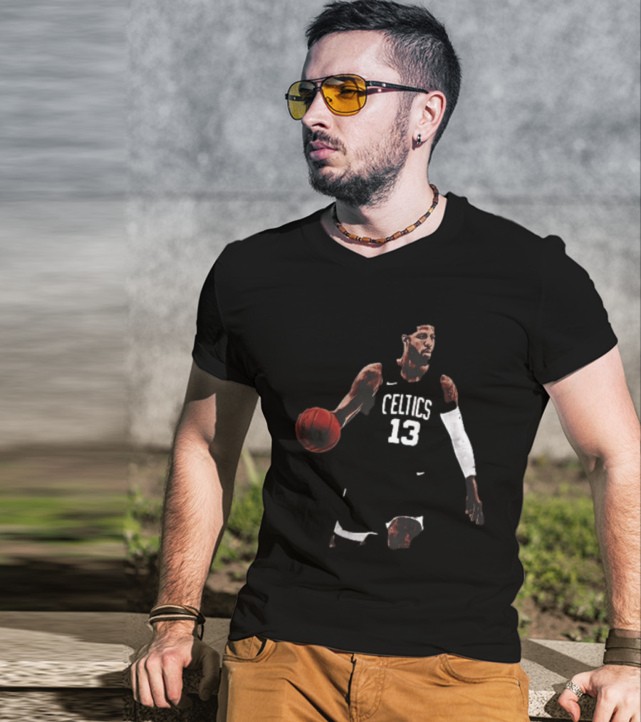 Boston Celtics 13 Bearded Basketball Player Dribbling Dark T-Shirt
