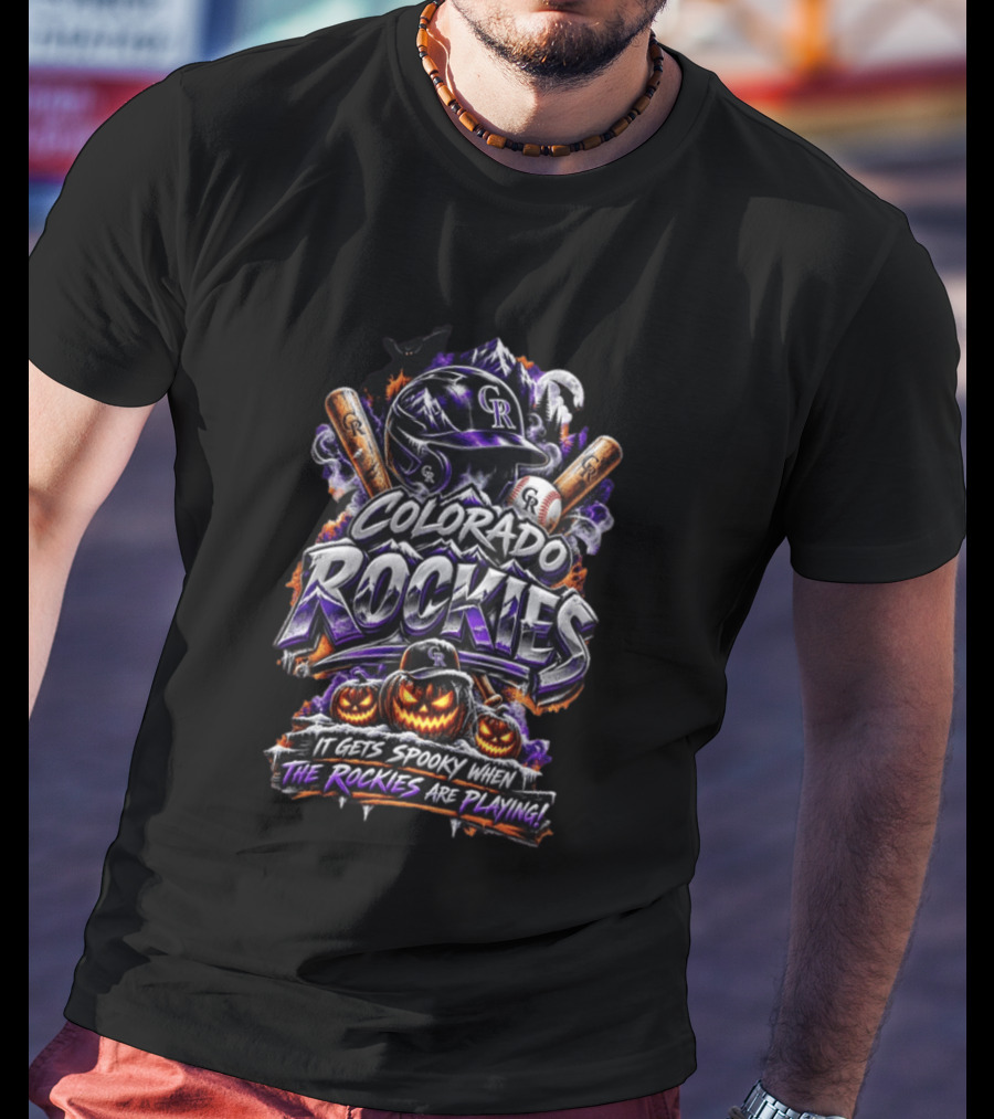 Colorado Rockies Spooky Halloween Baseball Theme With Bats And Pumpkin T-Shirt