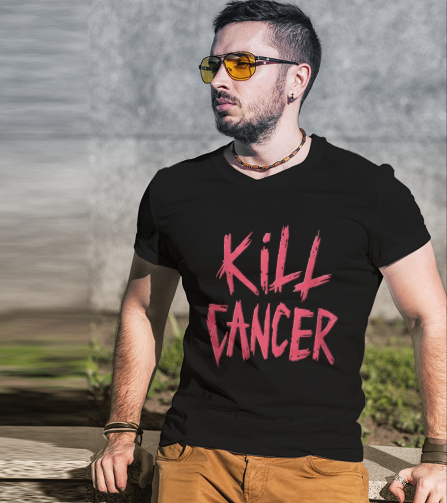 Kill Cancer Red Distressed Brush Stroke Lettering T-Shirt