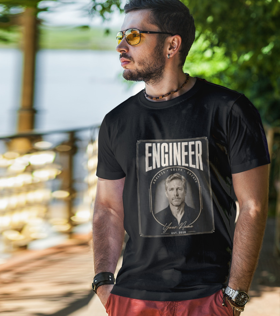 Engineer Analyze Solve Create Portrait Your Name Est 2026 Man Arch Gold Frame T-Shirt