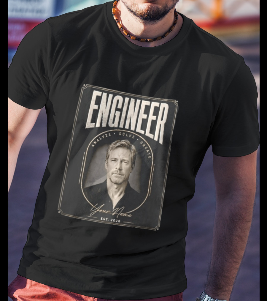 Engineer Analyze Solve Create Portrait Your Name Est 2026 Man Arch Gold Frame T-Shirt