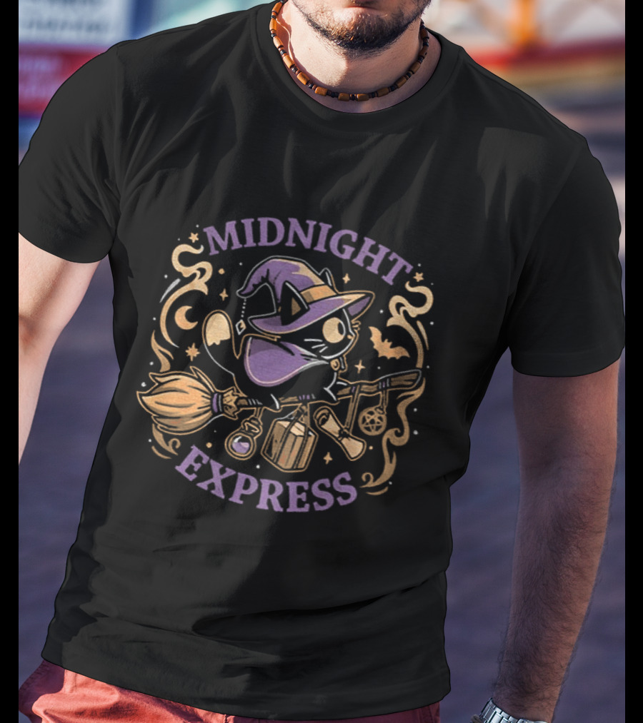 Midnight Express Witchy Cat Magic Broom Halloween T-Shirt