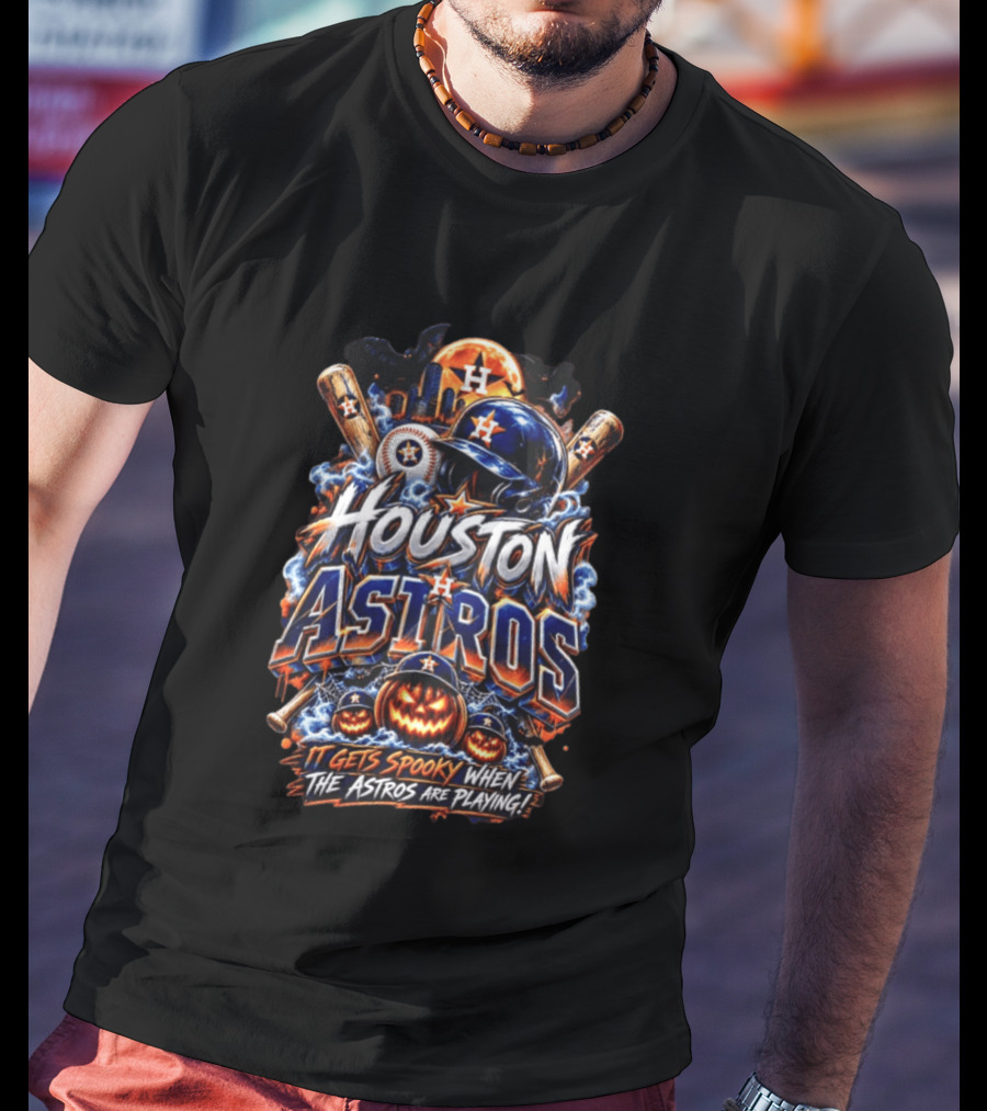 Houston Astros Halloween Spooky Theme With Pumpkins And Bats T-Shirt