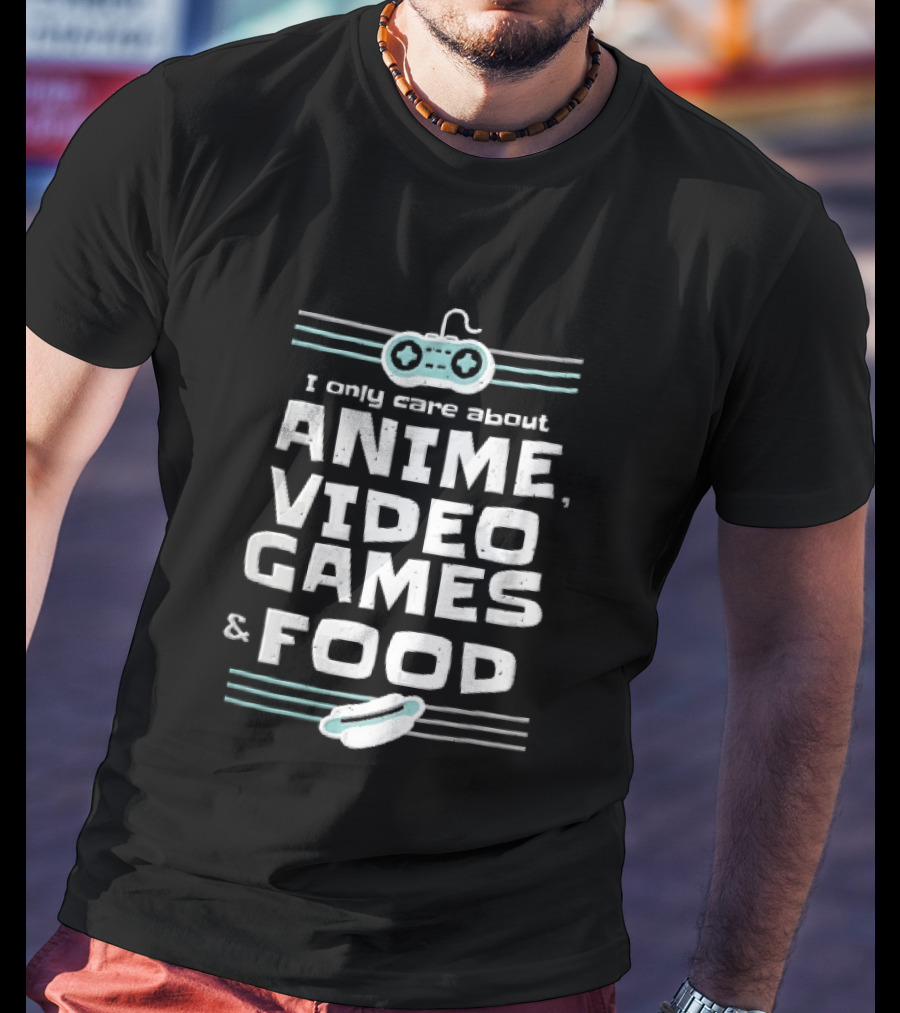 I Only Care About Anime Video Games Food Gamepad Hotdog Distressed Line T-Shirt
