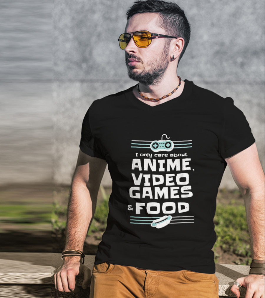 I Only Care About Anime Video Games Food Gamepad Hotdog Distressed Line T-Shirt