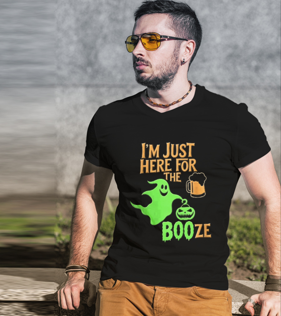 I'm Just Here For The Booze Green Ghost Pumpkin Lantern Beer T-Shirt