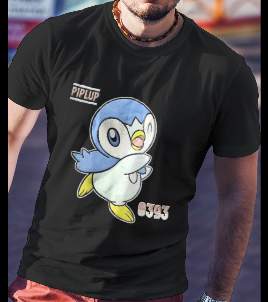 Piplup 0393 Cartoon Penguin Waving Paper Crease Sticker Yellow Feet T-Shirt