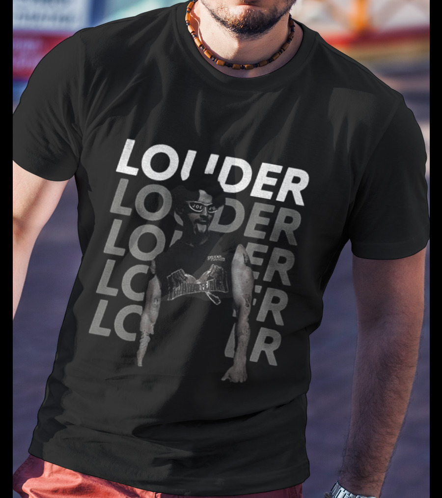 Joe Jonas Louder Graphic With Repeated Text And Guitar T-Shirt
