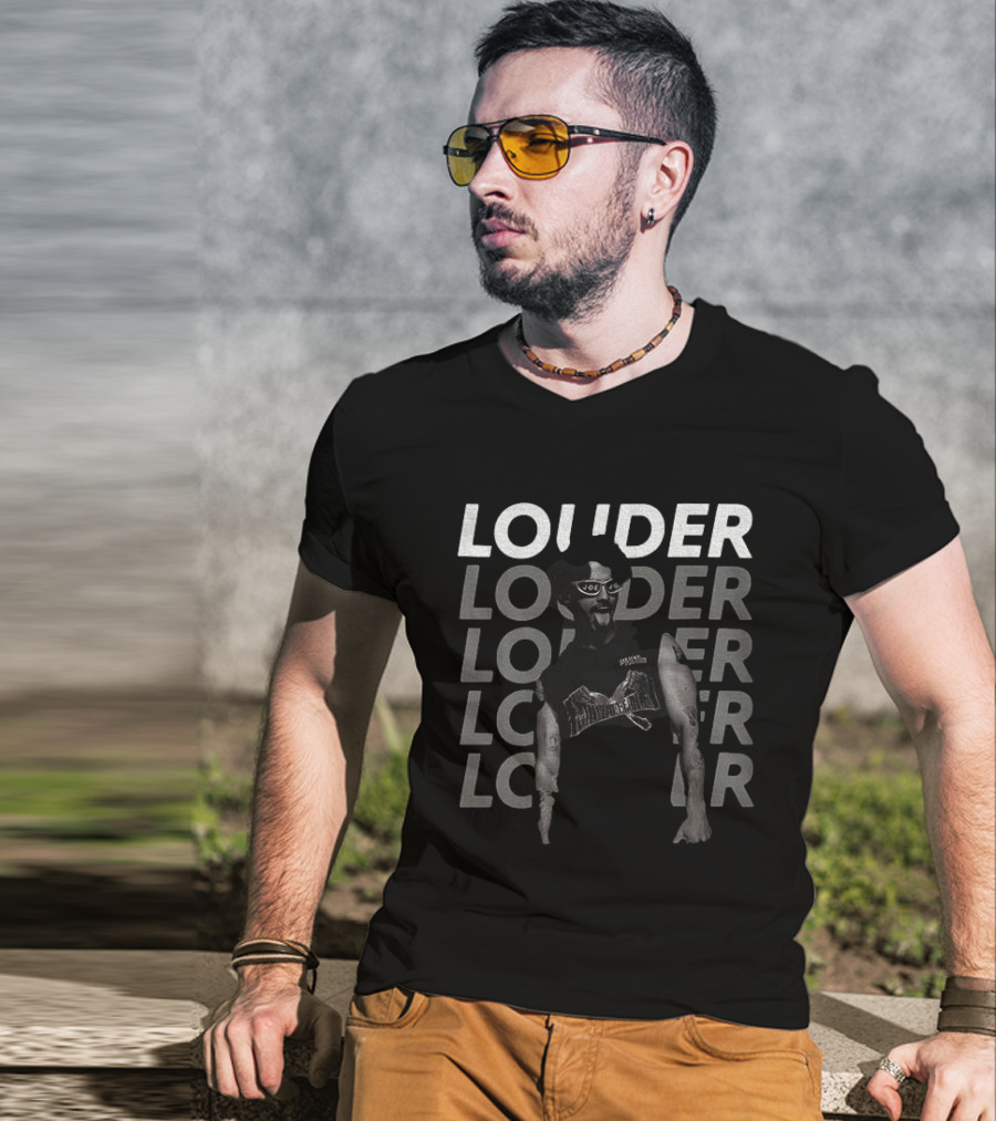 Joe Jonas Louder Graphic With Repeated Text And Guitar T-Shirt