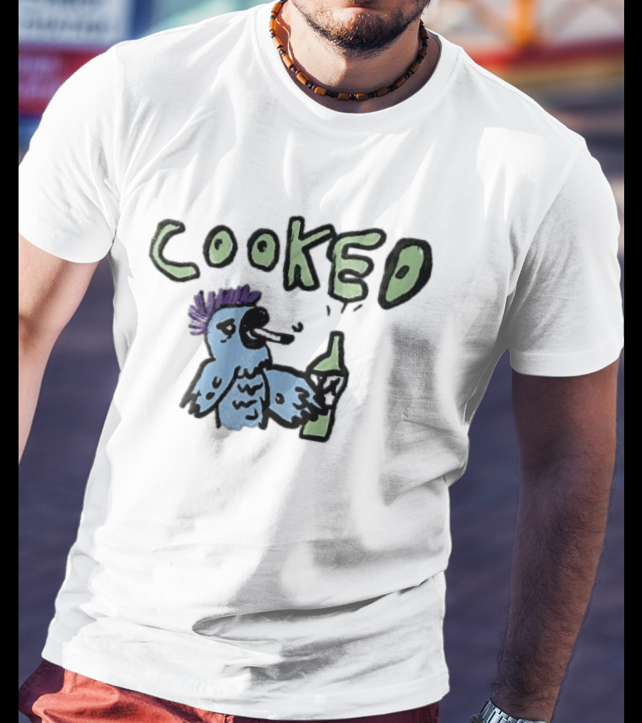 Cooked Cartoon Blue Parrot Smoking Cigarette Holding Alcohol Bottle T-Shirt