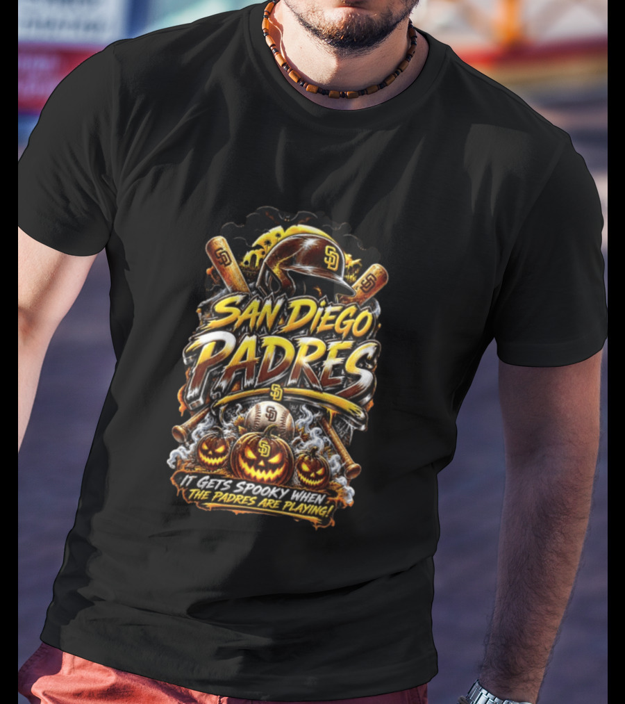 San Diego Padres It Gets Spooky When The Padres Are Playing Halloween Baseball Pumpkins Bats T-Shirt