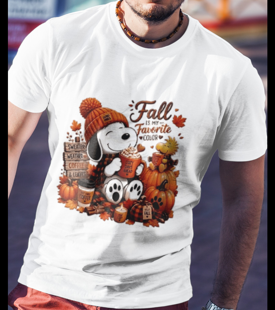 Fall Is My Favorite Color Sweater Weather Coffee Leaves Cozy Days Cartoon Dog Bird Pumpkins T-Shirt