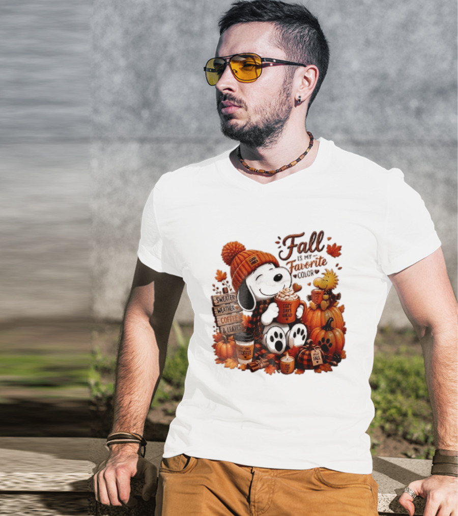 Fall Is My Favorite Color Sweater Weather Coffee Leaves Cozy Days Cartoon Dog Bird Pumpkins T-Shirt