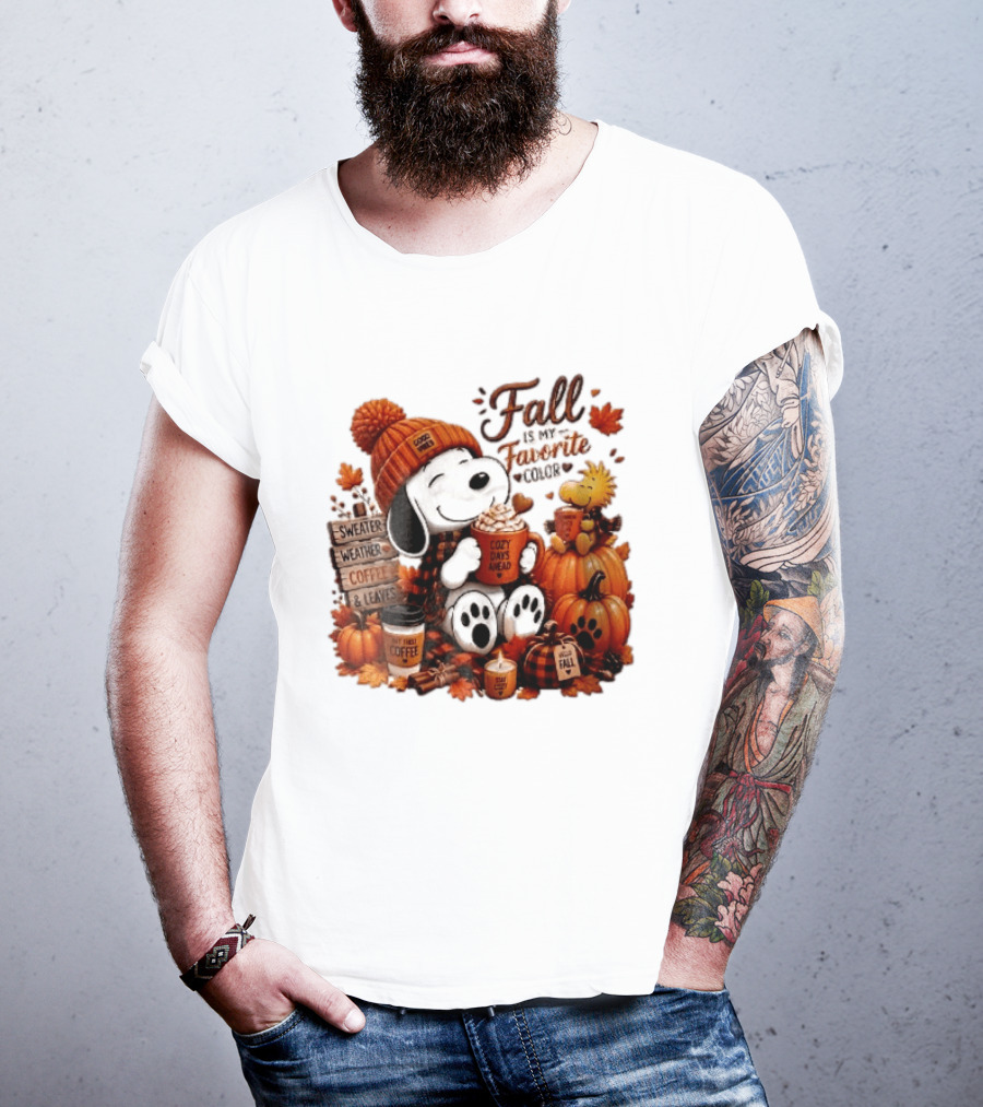 Fall Is My Favorite Color Sweater Weather Coffee Leaves Cozy Days Cartoon Dog Bird Pumpkins T-Shirt