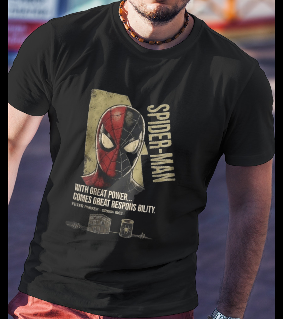 Spider Man With Great Power Comes Great Responsibility Peter Parker Origin 1962 Split Mask T-Shirt