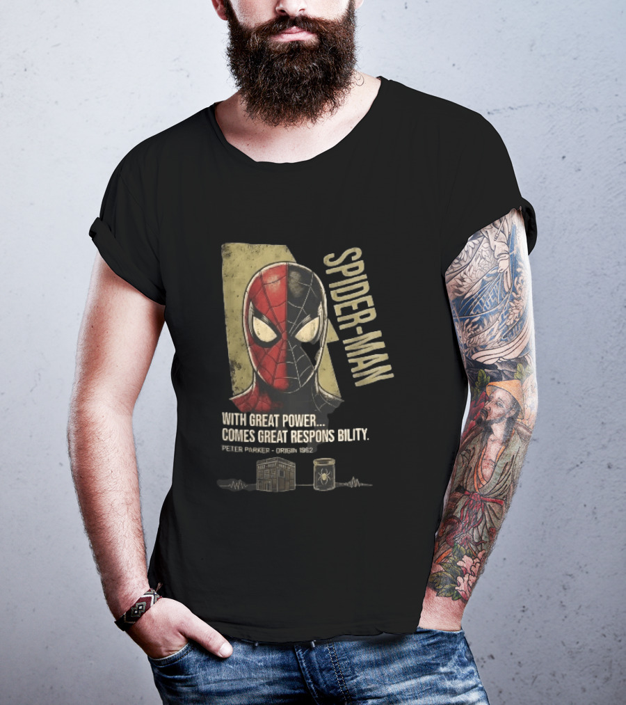 Spider Man With Great Power Comes Great Responsibility Peter Parker Origin 1962 Split Mask T-Shirt
