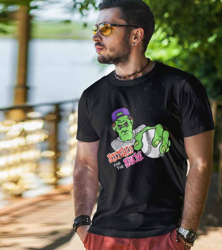 Stitched For The Show Baseball Monster Pitcher Cartoon T-Shirt