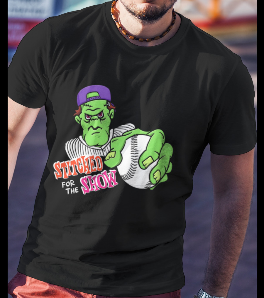 Stitched For The Show Baseball Monster Pitcher Cartoon T-Shirt