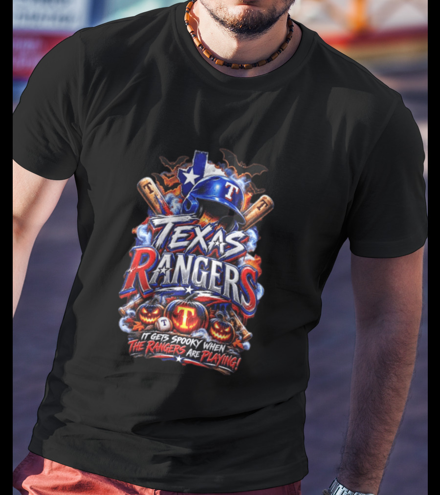 Texas Rangers Spooky Halloween Baseball Bats And Pumpkins T-Shirt