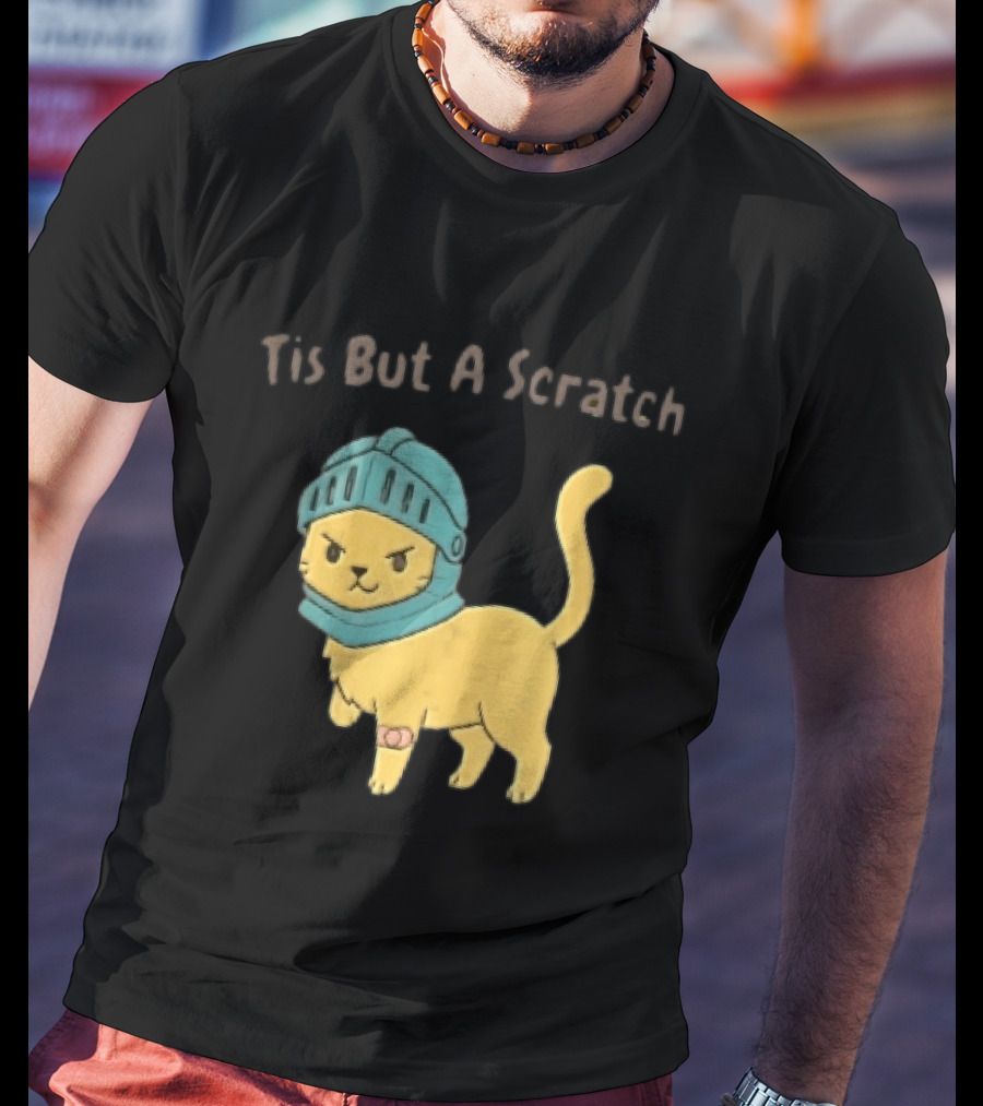 Tis But A Scratch Cartoon Cat Knight Helmet Bandage T-Shirt