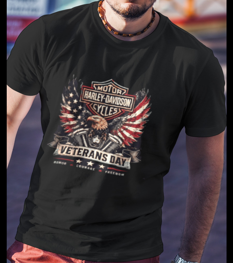 Veterans Day Harley Davidson Motor Cycles Honor Courage Freedom Eagle Wings T-Shirt