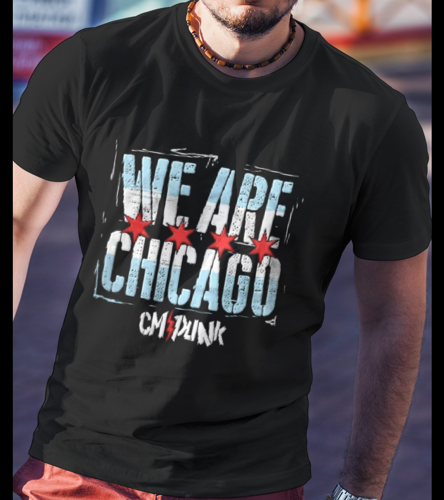We Are Chicago CM Punk Four Red Stars Light Blue Stripes Distressed T-Shirt