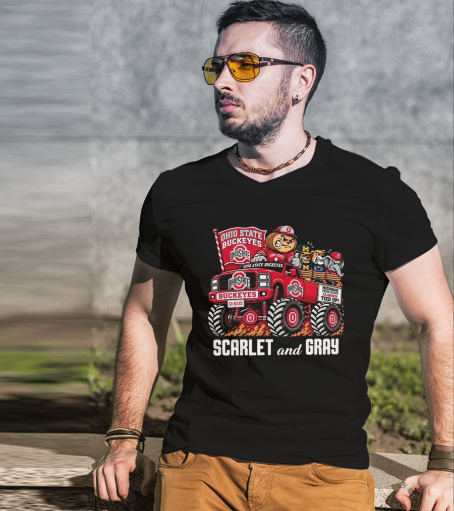 Ohio State Buckeyes 2026 Scarlet And Gray Monster Truck Rivalry Football T-Shirt