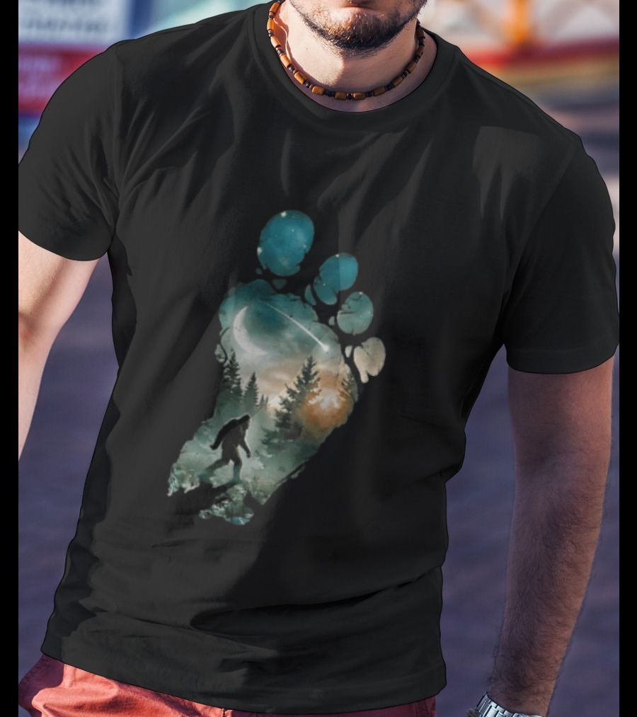 Bigfoot Footprint Moon Mountain Trees Forest Sasquatch Night Scene T-Shirt