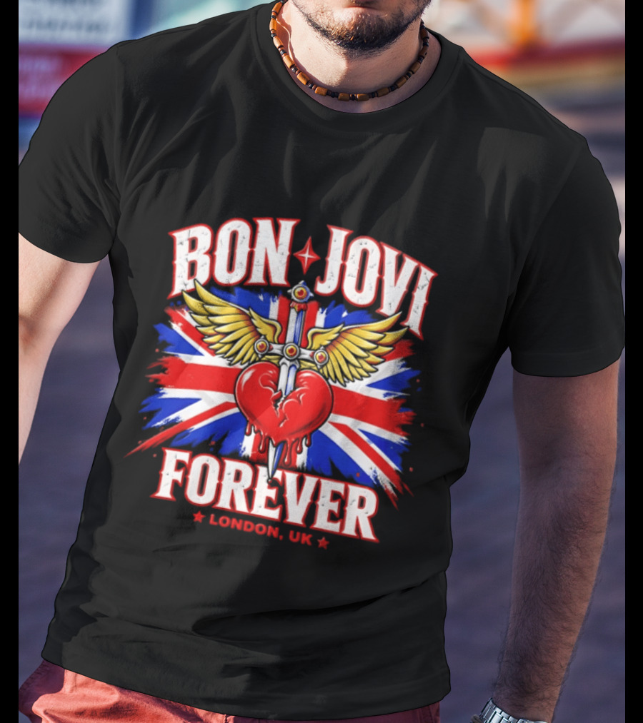 Bon Jovi Forever London UK Tour Union Jack Heart And Dagger Wings T-Shirt