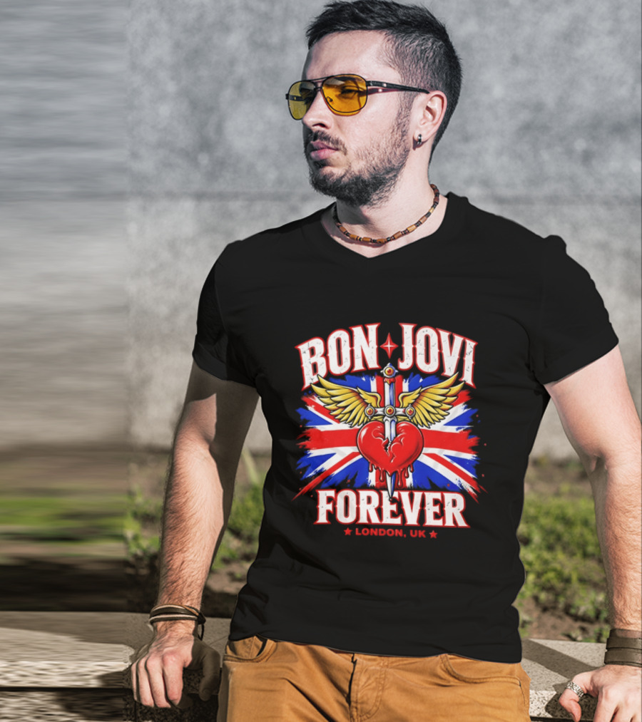 Bon Jovi Forever London UK Tour Union Jack Heart And Dagger Wings T-Shirt