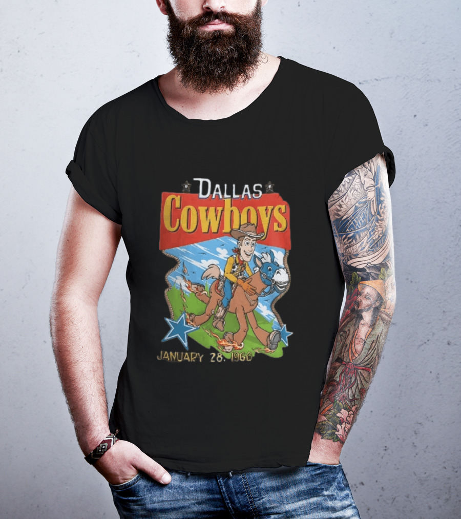 Dallas Cowboys Woody Riding Toy Horse Flames Stars January 28 1960 T-Shirt