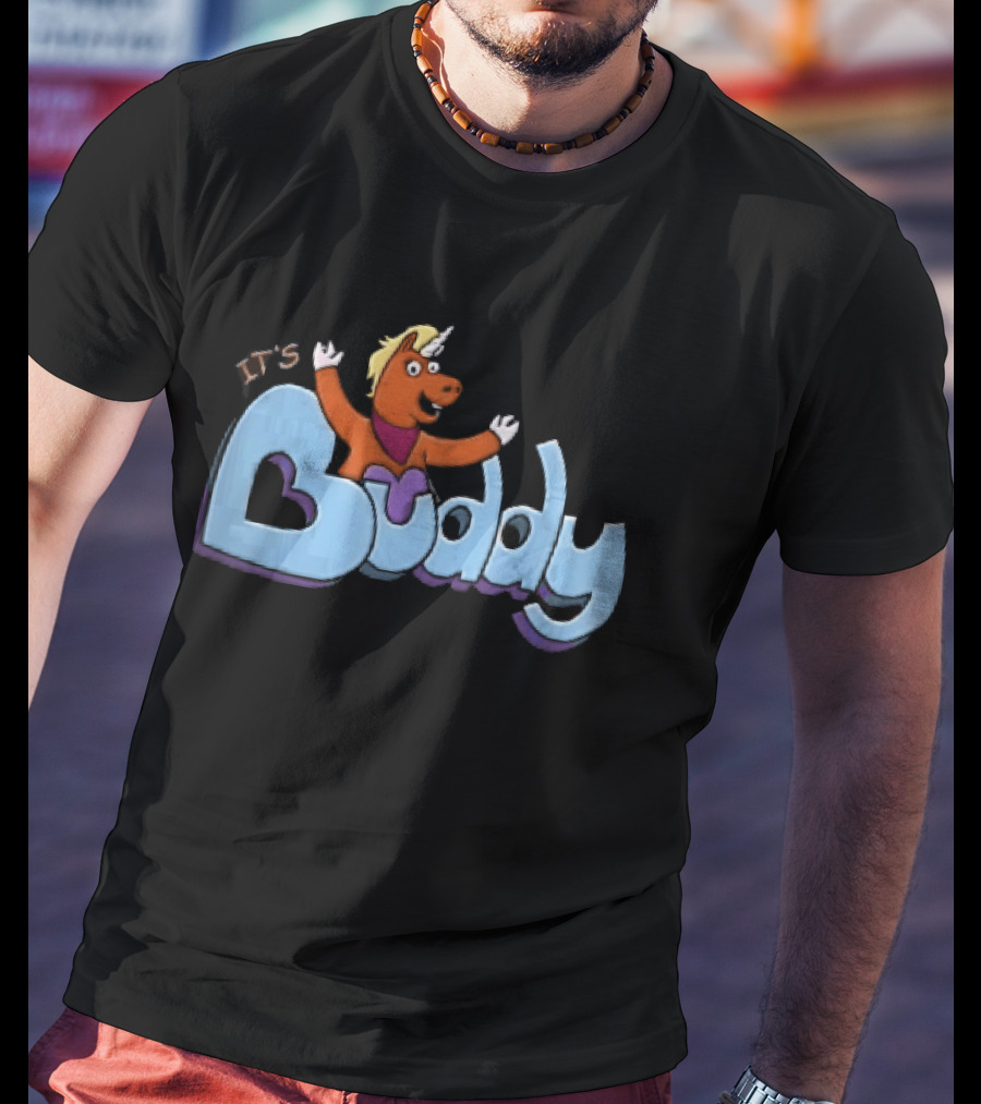 Its Buddy Cartoon Orange Unicorn Horse Purple Scarf Raised Arms T-Shirt
