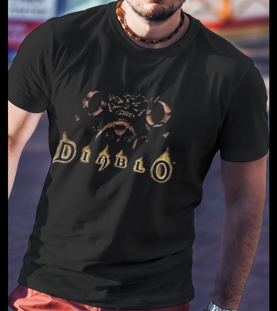 Diablo Distressed Crimson Flaming Demon Horned T-Shirt