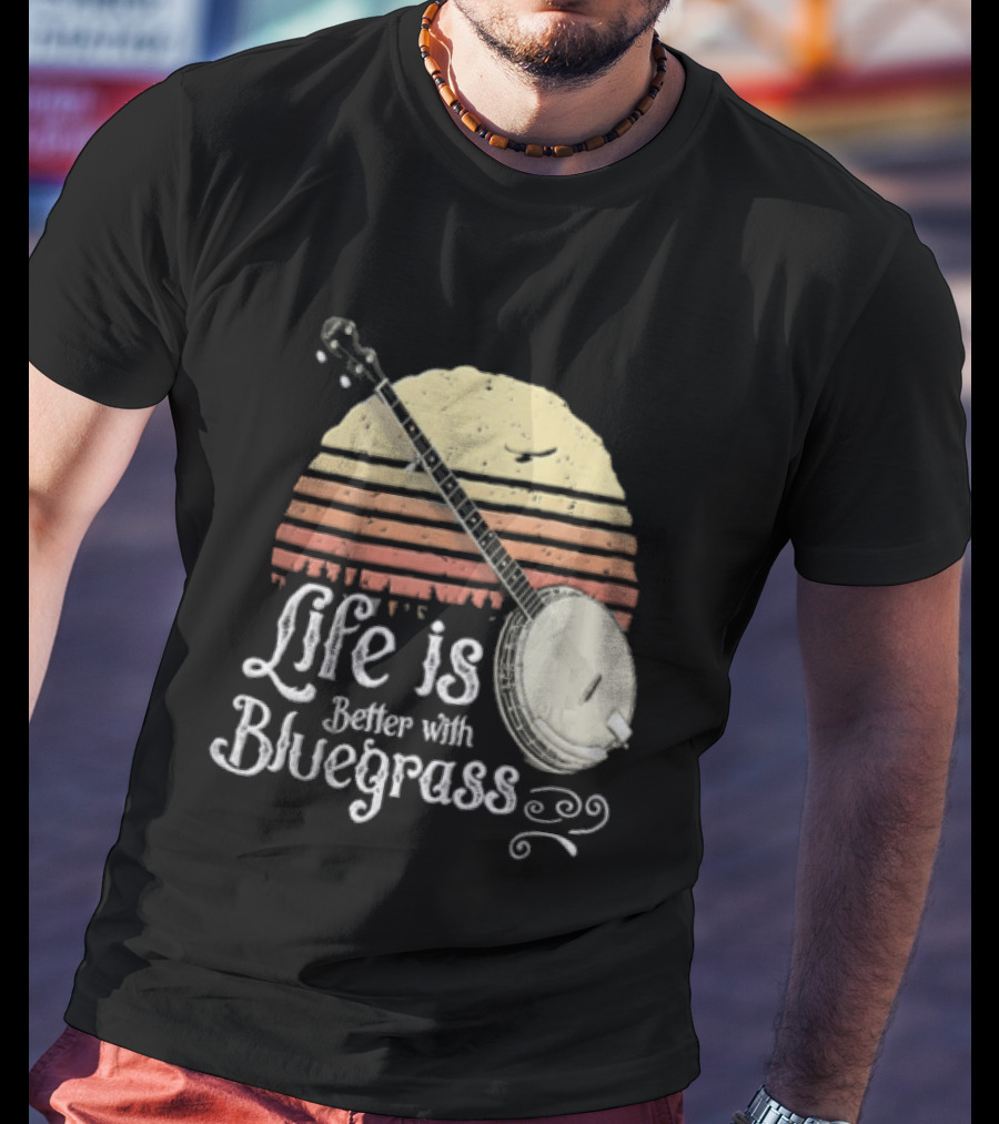 Life Is Better With Bluegrass Vintage Sunset Banjo T-Shirt