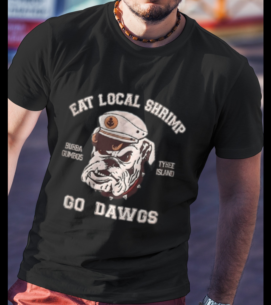 Eat Local Shrimp Bubba Gumbos Tybee Island Go Dawgs Captain Hat Spiked Collar T-Shirt