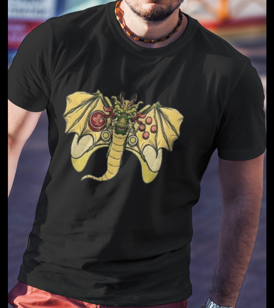 Green Chinese Dragon Head Gamepad Controller Wings Tail Cartoon Gamer Fun T-Shirt