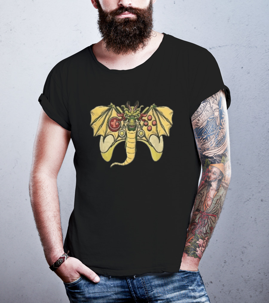 Green Chinese Dragon Head Gamepad Controller Wings Tail Cartoon Gamer Fun T-Shirt