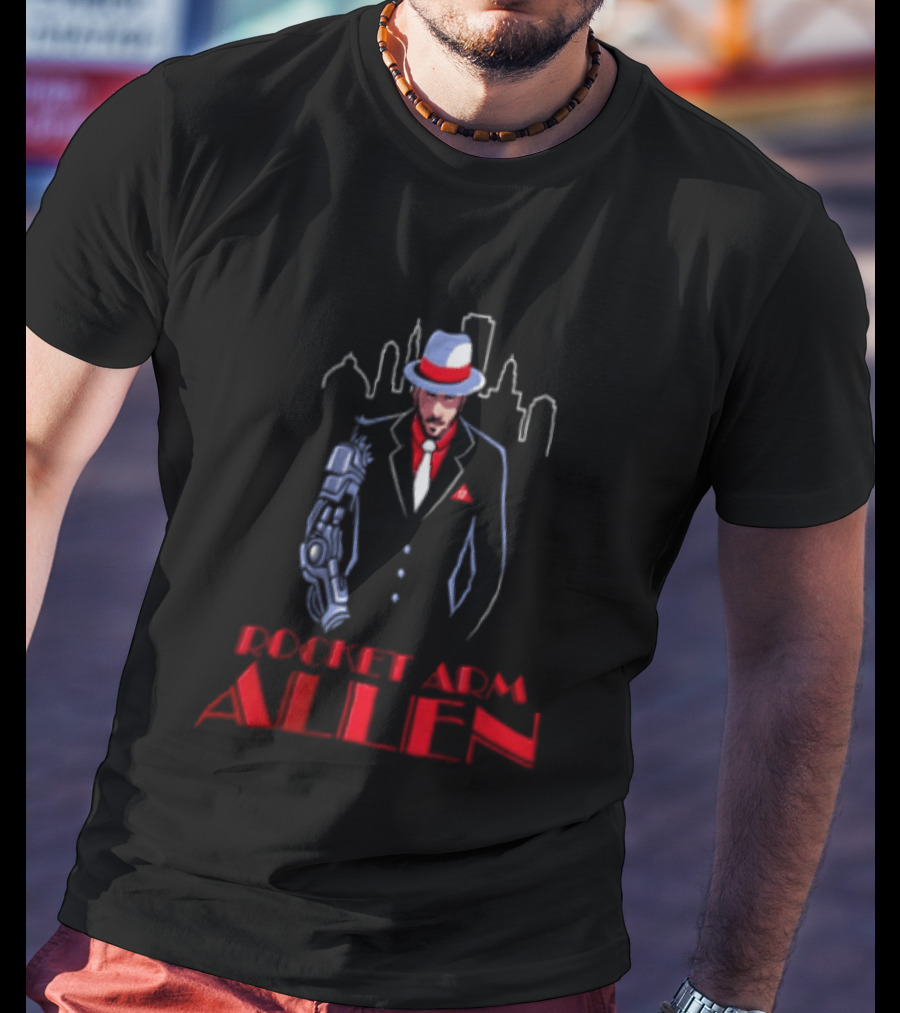 Rocket Arm Allen Man In Suit With Cybernetic Arm City Skyline T-Shirt