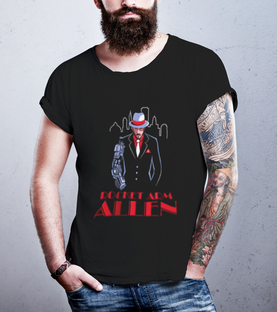 Rocket Arm Allen Man In Suit With Cybernetic Arm City Skyline T-Shirt