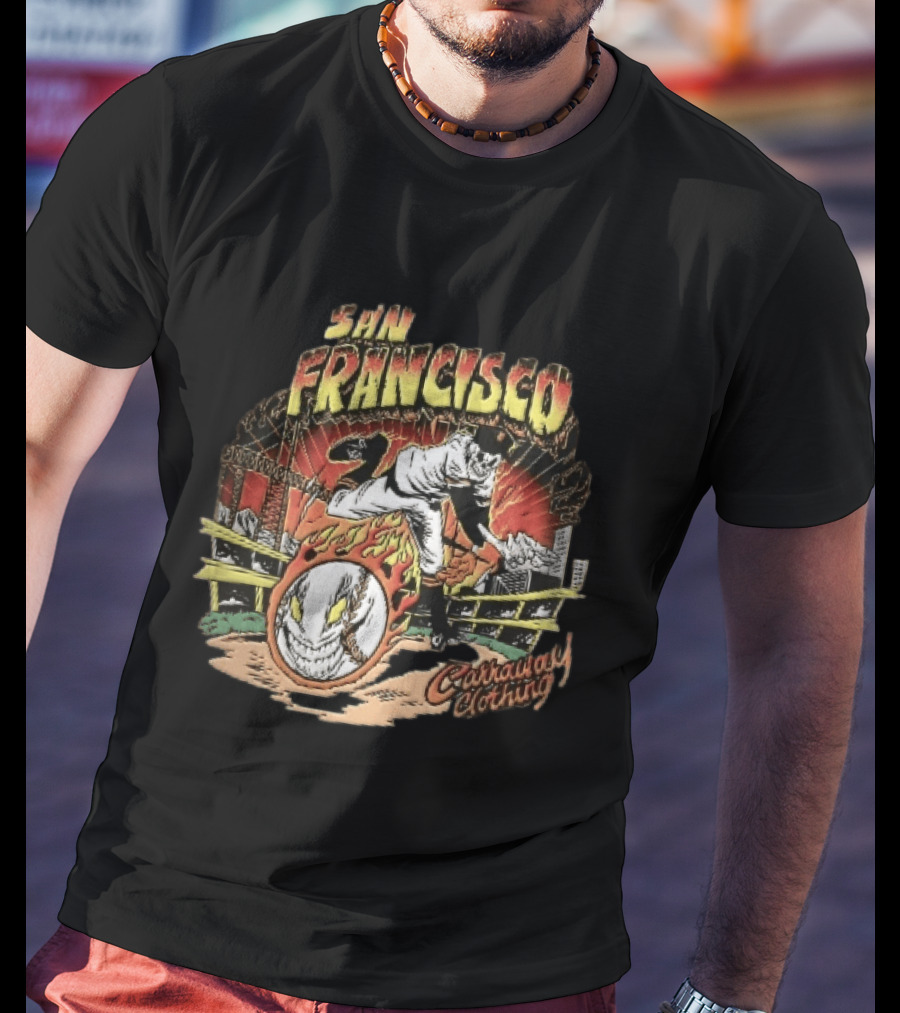 San Francisco Giants Skeleton Pitcher Flaming Baseball Golden Gate Bridge Carraway Clothing T-Shirt