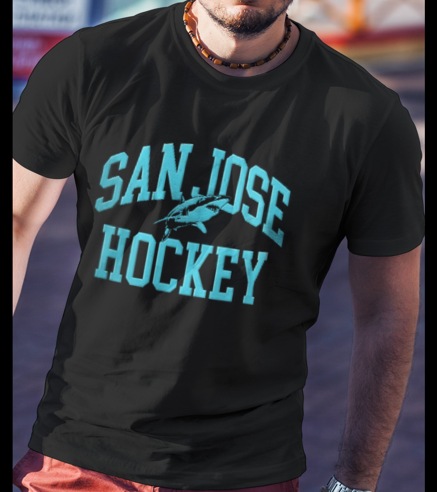 San Jose Hockey Great White Shark Arched Teal Halftone T-Shirt